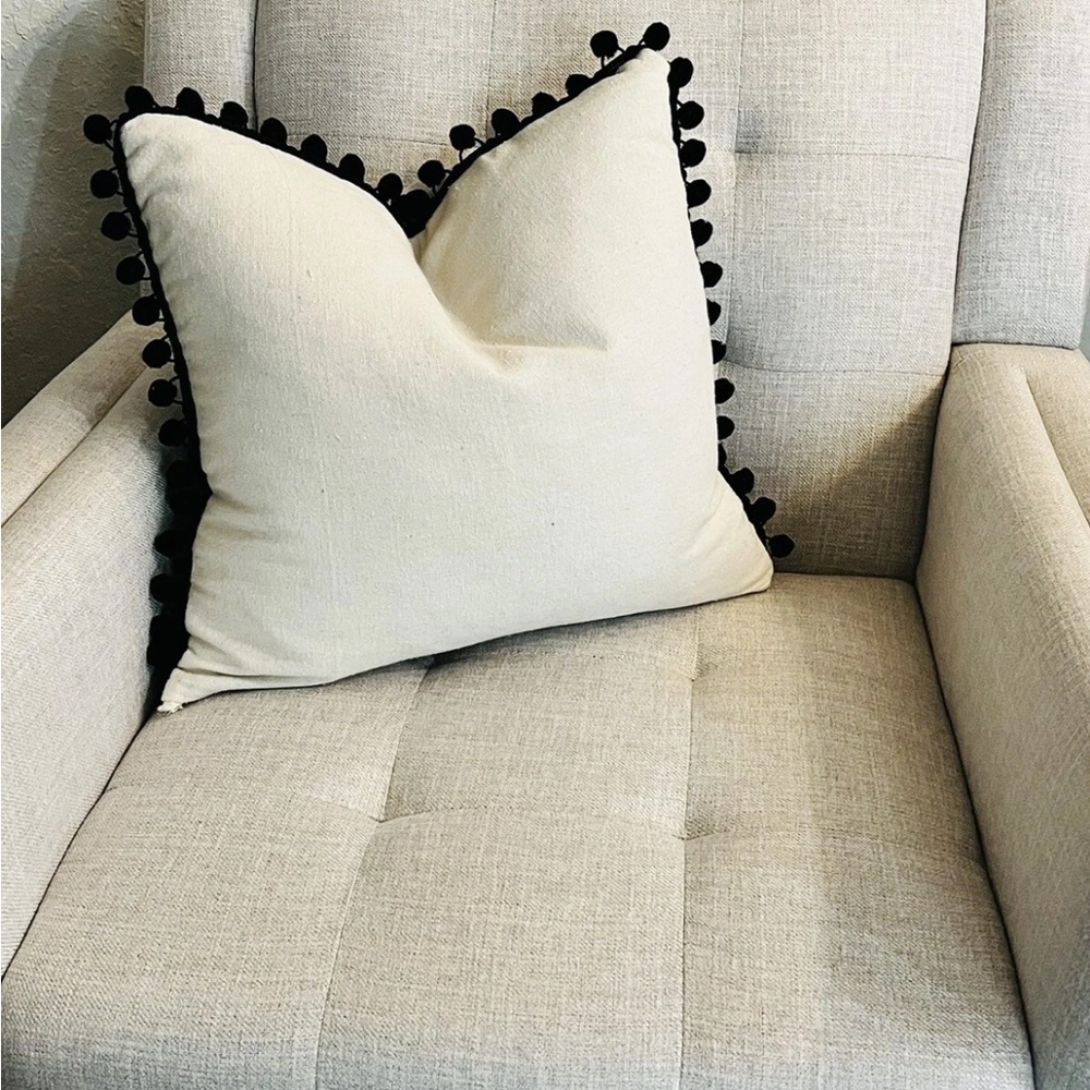 Set/2 Cream Pillow Covers w/ Black Pom Pom Trim - Boho Modern Home Decor 18”x18”